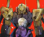  1boy blonde_hair blue_eyes char_aznable commentary eyewear_removed gundam highres holding holding_eyewear hyaku_shiki kare_(0621utak) looking_at_viewer male_focus mecha mobile_suit pilot_suit quattro_vageena red_background science_fiction simple_background solo sunglasses upper_body zeta_gundam 