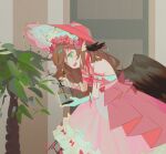  1girl :d animal_ears bare_shoulders bird_ears bird_wings bonnet brown_hair commentary commission dress english_commentary flower from_side green_eyes hair_flower hair_ornament head_tilt indie_virtual_youtuber kiiko_2233 magpie_(vtuber) open_mouth pink_dress pink_flower pink_rose plant potted_plant rose skeb_commission smile solo watering watering_can wings 