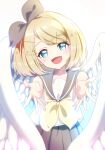  1girl angel_wings bird_wings black_bow blonde_hair blouse blue_eyes blush bow hair_bow hair_ornament hairclip head_tilt highres kagamine_rin looking_at_viewer neckerchief noa_(retsuhim6927) open_mouth outstretched_hand pleated_skirt reaching_out sailor_collar school_uniform serafuku shirt skirt smile solo treble_clef vocaloid wings 