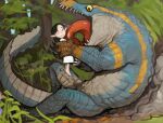  1girl 1other barefoot black_hair blue_eyes child dress elf forest holding_person licking licking_another&#039;s_face lizardman_(warhammer_fantasy) long_hair mossacannibalis nature outdoors parted_lips pointy_ears smile warhammer_40k white_dress wide-eyed 