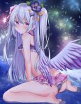  1girl ass azusa_(blue_archive) blue_archive blurry blurry_background blush commentary_request fireworks hair_ornament halo hinase_yuu looking_at_viewer night ocean seiza silver_hair sitting solo swimsuit violet_eyes wings 