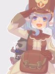  1girl bag bangs blue_eyes blue_hair blush breasts brown_bag brown_dress brown_gloves brown_headwear brown_vest commentary_request cowboy_shot dress eyebrows_visible_through_hair gloves grey_background hat highres long_hair long_sleeves looking_at_viewer merchant_(ragnarok_online) open_mouth outline pointy_ears ragnarok_online ragnarok_origin saba_(loki) salute shako_cap simple_background small_breasts smile solo stuffed_animal stuffed_toy teddy_bear teeth thumbs_up twintails upper_teeth vest white_outline 