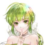  1girl bare_shoulders black_choker bow choker closed_mouth green_eyes green_hair jewelry lips long_hair looking_at_viewer niji2468 ponytail saga saga_frontier_2 simple_background smile solo virginia_knights white_background 