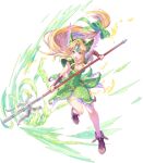  1girl blonde_hair boots bridal_gauntlets dress forehead_jewel full_body green_dress haccan helmet highres long_hair low-tied_long_hair non-web_source official_art open_mouth polearm riesz seiken_densetsu seiken_densetsu_3 short_dress solo transparent_background valkyrie violet_eyes weapon winged_helmet 