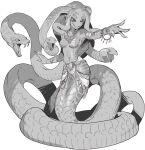  1girl breasts furry greyscale highres jewelry lamia medium_breasts monochrome monster_girl mullmull02 necklace no_nipples original parted_lips reaching_out scales simple_background smile snake_hair topless white_background 