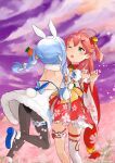  2girls ;o animal_ears bell blue_footwear blue_hair bow braid carrot carrot_hair_ornament cherry_blossom_print clouds detached_sleeves field floral_print flower flower_field food-themed_hair_ornament fur_scarf green_eyes hair_bell hair_bow hair_ornament highres hololive hug japanese_clothes kimono leg_strap looking_at_another medium_hair multicolored_hair multiple_girls one_eye_closed one_side_up open_mouth pantyhose pink_flower pink_hair purple_sky rabbit_ears rabbit_girl rabbit_tail sakura_miko sowa_snow standing tail twin_braids twintails two-tone_hair usada_pekora virtual_youtuber white_bow white_hair white_legwear wide_sleeves 