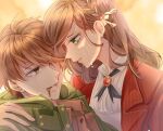  1boy 1girl :d blood brown_eyes brown_hair crying crying_with_eyes_open green_eyes green_jacket grin hair_ornament highres jacket long_hair long_sleeves looking_at_another luke_pearce_(tears_of_themis) qeanoya red_jacket rosa_(tears_of_themis) short_hair smile tears tears_of_themis teeth 
