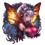  1girl artist_name bangs bare_shoulders breasts commentary facial_mark fairy_wings fire_emblem fire_emblem_heroes forehead_mark gold_trim gradient gradient_hair hair_ornament large_breasts long_hair looking_at_viewer meziosaur multicolored_hair parted_bangs parted_lips pink_hair plumeria_(fire_emblem) pointy_ears ponytail purple_hair red_eyes shiny shiny_clothes signature simple_background sleeveless solo thorns two-tone_hair upper_body wings 