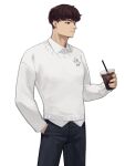  1boy black_pants brown_hair closed_mouth collared_shirt cowboy_shot drink drinking_straw hand_in_pocket highres holding holding_drink long_sleeves male_focus original pants shirt short_hair solo sweater white_shirt white_sweater yoon_cook 