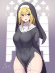  1girl arms_behind_back blonde_hair blush breasts cross_necklace indoors looking_at_viewer necklace nun original thighhighs thighs violet_eyes white_legwear yoshikawa_hideaki 