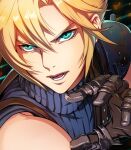  1boy aqua_eyes armor asymmetrical_bangs bangs blonde_hair blue_shirt close-up cloud_strife final_fantasy final_fantasy_vii final_fantasy_vii_remake gloves hair_between_eyes halu-ca lower_teeth open_mouth parted_bangs shirt shoulder_armor sleeveless sleeveless_turtleneck solo spiky_hair suspenders teeth turtleneck 