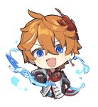  1boy ahoge black_gloves blue_eyes chibi earrings genshin_impact gloves half_gloves holding holding_sword holding_weapon jewelry mask mask_on_head official_art open_mouth orange_hair red_mask red_scarf scarf single_earring sword tartaglia_(genshin_impact) vision_(genshin_impact) water weapon 