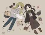  156m 2girls artist_name backpack backpack_removed bag bangs black_footwear blonde_hair blush book brown_background brown_footwear brown_hair brown_jacket brown_skirt cat cellphone chito_(shoujo_shuumatsu_ryokou) collared_shirt commentary_request cookie dated denim drawstring food full_body ginkgo_leaf green_shirt grey_hoodie handbag highres hood hoodie jacket jeans leaf long_hair long_skirt long_sleeves looking_at_viewer lying maple_leaf multiple_girls nintendo_switch on_back open_mouth pants phone plaid plaid_skirt shirt shoes shoujo_shuumatsu_ryokou simple_background skirt smartphone smile sneakers twintails white_footwear yuuri_(shoujo_shuumatsu_ryokou) 