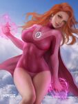  1girl above_clouds atom_eve breasts cape english_commentary feet_out_of_frame flying green_eyes grin invincible_(series) leotard long_hair looking_at_viewer medium_breasts orange_hair patreon_username pink_cape pink_leotard shurakrgt skin_tight sky smile solo superhero thighs venus_symbol 
