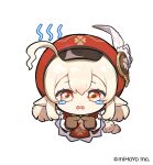  1girl bag_charm blonde_hair brown_gloves cabbie_hat charm_(object) chibi clover_print coat dodoco_(genshin_impact) elf genshin_impact gloves hat hat_feather klee_(genshin_impact) low_twintails official_art pointy_ears red_coat red_eyes red_headwear tears twintails 