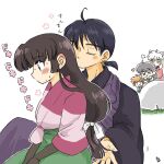  2girls 3boys =3 ahoge animal_ears bangs black_eyes black_hair blush brown_eyes brown_hair closed_eyes dog_ears earrings eyebrows_visible_through_hair hair_between_eyes heart higurashi_kagome inuyasha inuyasha_(character) japanese_clothes jewelry kimono long_hair long_sleeves low-tied_long_hair maaruutaa0 miroku_(inuyasha) multiple_boys multiple_girls no_mouth orange_hair sango shippou_(inuyasha) silver_hair white_background yellow_eyes 