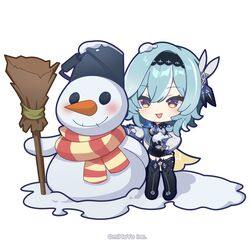  1girl black_hairband black_legwear blue_necktie boots chibi eula_(genshin_impact) genshin_impact hairband light_blue_hair multicolored_eyes necktie official_art scarf short_hair smile snow_on_head snowman thigh-highs thigh_boots thighhighs_under_boots yellow_eyes 