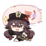  1girl black_headwear black_shorts brown_hair chibi chinese_clothes collared_coat floral_print flower flower-shaped_pupils genshin_impact ghost hat hat_flower hu_tao_(genshin_impact) jewelry long_hair long_sleeves looking_at_viewer official_art plum_blossoms porkpie_hat red_eyes shorts symbol-shaped_pupils talisman tassel 