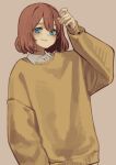  1girl absurdres bangs blue_eyes brown_background brown_hair collared_shirt commentary_request hand_up highres korean_commentary long_sleeves looking_at_viewer nuri_(yoon_cook) original parted_lips shirt short_hair simple_background smile solo sweater upper_body yellow_sweater yoon_cook 