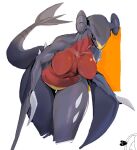  1girl arm_blade black_sclera black_skin breasts collarbone colored_sclera colored_skin commentary cowboy_shot cropped_legs cynthia_(pokemon) dragon_girl furry furry_female garchomp large_breasts leaning_forward navel open_mouth personification pokemon pokemon_(creature) red_skin reptile_girl romaji_commentary sharp_teeth simple_background sketch solo_focus spikes standing stomach tail_raised teeth thick_thighs thighs toned two-tone_background weapon white_background wide_hips yellow_eyes yellow_skin yuio58ok 