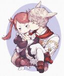  1boy 1girl animal_ears blue_pupils blush brown_choker brown_hair carrying choker closed_eyes crossed_arms crossed_legs facial_mark final_fantasy final_fantasy_xiv fingernails grey_hair hand_on_another&#039;s_face holding holding_person kiss kissing_cheek lalafell long_hair looking_away maid maid_headdress miqo&#039;te neji_vuldarak pointy_ears pout princess_carry puffy_sleeves red_footwear slit_pupils texture thigh-highs twintails violet_eyes white_legwear 