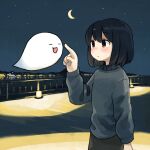  1girl bangs black_hair black_sweater blush brown_eyes commentary_request crescent_moon eyebrows_visible_through_hair ghost hand_up highres long_sleeves medium_hair moon night night_sky original outdoors parted_lips railing sky solo star_(sky) starry_sky sweater upper_body yomoi_nui 