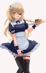  1girl absurdres alternate_costume apron black_bow black_bowtie black_legwear black_nails black_shirt black_skirt blonde_hair bow bowtie enmaided eyepatch fischl_(genshin_impact) floating_hair food frilled_apron frills genshin_impact green_eyes grey_background highres holding holding_plate layered_skirt long_hair looking_at_viewer maid maid_headdress miniskirt nail_polish open_mouth pancake plate shirt short_sleeves sidraxiii simple_background skirt solo standing thigh-highs very_long_hair waist_apron white_apron 