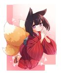  1girl animal_ears bangs black_hair blush borrowed_character brown_footwear closed_mouth commentary_request done_(donezumi) eyebrows_visible_through_hair fox_ears fox_girl fox_tail full_body geta highres japanese_clothes kimono kitsune kukuri_(mawaru) long_sleeves looking_at_viewer original red_kimono smile solo steepled_fingers striped striped_kimono tail vertical-striped_kimono vertical_stripes violet_eyes wide_sleeves 