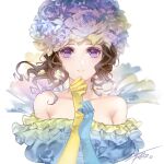  1girl bare_shoulders breasts brown_hair curly_hair dress elbow_gloves flower gloves hair_flower hair_ornament long_hair looking_at_viewer niji2468 princess_white_rose rose saga saga_frontier signature simple_background solo violet_eyes white_background 