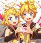  1boy 1girl anniversary aqua_eyes bare_shoulders blonde_hair blue_eyes bow brother_and_sister close-up commentary_request detached_sleeves eyebrows_visible_through_hair hair_bow hair_ornament hair_ribbon hairclip headphones heart kagamine_len kagamine_rin looking_at_viewer mikmix mixed-language_commentary necktie open_mouth ribbon sailor_collar short_hair short_sleeves siblings simple_background smile solo_focus twins vocaloid white_background 