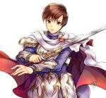  1boy absurdres armor bangs bracer breastplate brown_eyes brown_hair cape commentary_request fire_emblem fire_emblem:_thracia_776 hair_between_eyes highres holding holding_sword holding_weapon leif_(fire_emblem) light_brand looking_at_viewer male_focus parted_lips purple_shirt shirt short_hair shoulder_armor simple_background solo sword upper_body weapon white_background yukimiyuki 