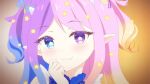  :3 blonde_hair blue_dress blue_eyes blue_hair blush close-up commentary demon_horns dress emberlith eyebrows_visible_through_hair fang gradient_hair hand_on_own_chin heterochromia horns indie_virtual_youtuber looking_at_viewer magical_girl multicolored_hair patrick_fche pink_hair pointy_ears portrait purple_hair spanish_commentary star-shaped_pupils star_(symbol) starry_sky_print symbol-shaped_pupils violet_eyes virtual_youtuber 