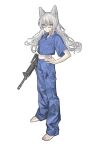  1girl animal_ears assault_rifle bangs barefoot blood blood_on_clothes blood_on_face blue_pants blue_shirt breast_pocket cat_ears closed_mouth collared_shirt commentary glasses grey_hair gun hand_on_hip holding holding_gun holding_weapon long_hair looking_at_viewer midriff navel original pants pocket rifle shirt short_sleeves solo violet_eyes weapon weapon_request zumochi 