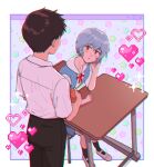  1boy 1girl ass ayanami_rei black_legwear blush chromatic_aberration heart ikari_shinji key35461 looking_at_another neon_genesis_evangelion school_uniform star_(symbol) tokyo-3_middle_school_uniform_(evangelion) white_footwear 