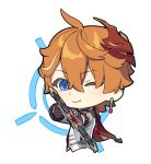 1boy ahoge aiming_at_viewer black_gloves bow_(weapon) chibi earrings genshin_impact gloves half_gloves holding holding_bow_(weapon) holding_weapon jewelry mask mask_on_head official_art one_eye_closed orange_hair red_mask red_scarf scarf single_earring tartaglia_(genshin_impact) weapon 