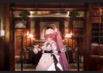  1girl apron bangs blush bookshelf breasts chair clothes_hanger commentary_request couch cowboy_shot cup dress embarrassed frills girls_frontline holding holding_cup indoors lamp large_breasts long_hair long_sleeves looking_at_viewer maid maid_headdress ntw-20_(girls&#039;_frontline) ntw-20_(the_aristocrat_experience)_(girls&#039;_frontline) official_alternate_costume painting_(object) pink_hair ponytail puffy_sleeves red_eyes solo soukou_makura standing very_long_hair 