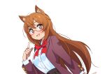  1girl :d absurdres animal_ear_fluff animal_ears anime_coloring blush bow bowtie brown_eyes brown_hair brown_skirt commission dutch_angle fox_ears furuyama_itaru glasses hand_up highres index_finger_raised jacket long_hair long_sleeves looking_at_viewer marika_(zeddaru) open_clothes open_jacket original red-framed_eyewear red_bow red_bowtie red_jacket school_uniform semi-rimless_eyewear shirt simple_background skirt smile solo under-rim_eyewear white_background white_shirt 