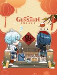  2boys bird blue_eyes blue_hair chibi chongyun_(genshin_impact) eating food genshin_impact lantern lantern_festival light_blue_hair multiple_boys official_art paper_lantern plum popsicle sky_lantern xingqiu_(genshin_impact) 