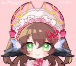  1girl animal_ears bird_ears blush bonnet brown_hair closed_mouth commentary commission english_commentary flower gloves green_eyes hair_flower hair_ornament hair_ribbon hands_up indie_virtual_youtuber looking_at_viewer magpie_(vtuber) moshimoshi_(mo_518_mo) pink_background pink_flower pink_gloves pink_ribbon pink_rose ribbon rose simple_background skeb_commission smile solo two_side_up upper_body 