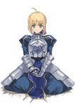  1girl absurdres ahoge armor armored_dress artoria_pendragon_(fate) blonde_hair blue_ribbon blush braid breastplate expressionless fate/stay_night fate_(series) french_braid gauntlets geobubabi green_eyes hair_ribbon highres juliet_sleeves light_blush long_sleeves looking_at_viewer puffy_sleeves ribbon saber seiza sitting solo white_background 