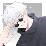  1boy artist_name bangs black_jacket eyelashes gojou_satoru grin hair_between_eyes jacket jujutsu_kaisen light_blue_eyes long_sleeves male_focus merueki portrait round_eyewear simple_background smile solo sparkle sunglasses two-tone_background white_hair 