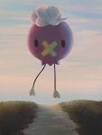  absurdres black_eyes clouds commentary_request day drifloon floating full_body grass highres looking_at_viewer luna_mokamoka no_humans outdoors path pokemon pokemon_(creature) sky solo 