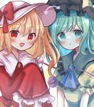  2girls :d :o adapted_costume ascot bangs black_headwear blonde_hair blue_ascot bow dorowa_(drawerslove) eyebrows_visible_through_hair fang flandre_scarlet green_eyes green_hair hat hat_bow highres komeiji_koishi long_sleeves looking_at_viewer mob_cap multiple_girls open_mouth red_bow red_eyes short_sleeves simple_background smile third_eye touhou upper_body white_background white_headwear 