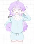  1girl amaiamiya amiya_aranha blue_shirt blue_shorts braid collarbone eyebrows_visible_through_hair holding holding_stuffed_toy long_hair open_mouth pajamas purple_hair shirt shorts side_braid smile solo stuffed_toy tsunderia two_side_up violet_eyes virtual_youtuber 