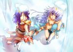  2girls alternate_color animal_around_neck bangs blue_dress blush book breasts brown_footwear cloud_over_head clouds commentary_request detached_sleeves dress eyebrows_visible_through_hair eyepatch fox full_body gem high_heels holding holding_book holding_staff ice_cave kawagoe_pochi large_breasts light_purple_hair lightning looking_at_viewer multiple_girls open_mouth pelvic_curtain professor_(ragnarok_online) purple_hair ragnarok_online red_dress red_sleeves short_hair sleeveless sleeveless_dress smile staff striped_sleeves violet_eyes yellow_sleeves 