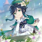  1boy absurdres bangs black_hair blurry blurry_background braid cape center_frills closed_mouth commentary_request depth_of_field eyebrows_behind_hair frills genshin_impact gradient_hair green_cape green_eyes green_hair green_headwear hair_between_eyes hat highres long_hair long_sleeves looking_at_viewer male_focus multicolored_hair puffy_long_sleeves puffy_sleeves shirt sin_(btc86amme) smile solo twin_braids twintails upper_body venti_(genshin_impact) white_shirt 