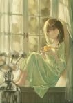  1girl bangs blurry blush brown_eyes closed_mouth commentary_request cup curtains daisy day depth_of_field flower green_eyes hands_up highres holding holding_cup indoors knees_up light_particles long_hair long_sleeves looking_away looking_outside marutani original puffy_long_sleeves puffy_sleeves rain sideways_glance sitting_in_window smile solo vase white_flower window windowsill 