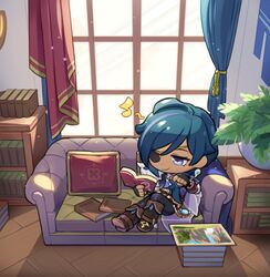  1boy black_gloves blue_eyes blue_hair book chibi dark-skinned_male dark_skin earrings eyepatch fingerless_gloves fur_trim genshin_impact gloves holding holding_book jewelry kaeya_(genshin_impact) long_hair official_art open_book single_earring smile vision_(genshin_impact) 