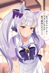  1girl animal_ears blush bow bowtie breasts commentary gold_ship_(umamusume) grin hand_on_hip highres horse_ears horse_girl looking_at_viewer ponytail school_uniform serafuku silver_hair smile solo tomoyohi translated umamusume violet_eyes 