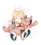  1girl ;) blonde_hair blue_eyes bow bowtie cat closed_mouth detached_sleeves hair_ornament hair_ribbon headphones kagamine_rin mochigome nail_polish necktie one_eye_closed sailor_collar stuffed_toy vocaloid wink 